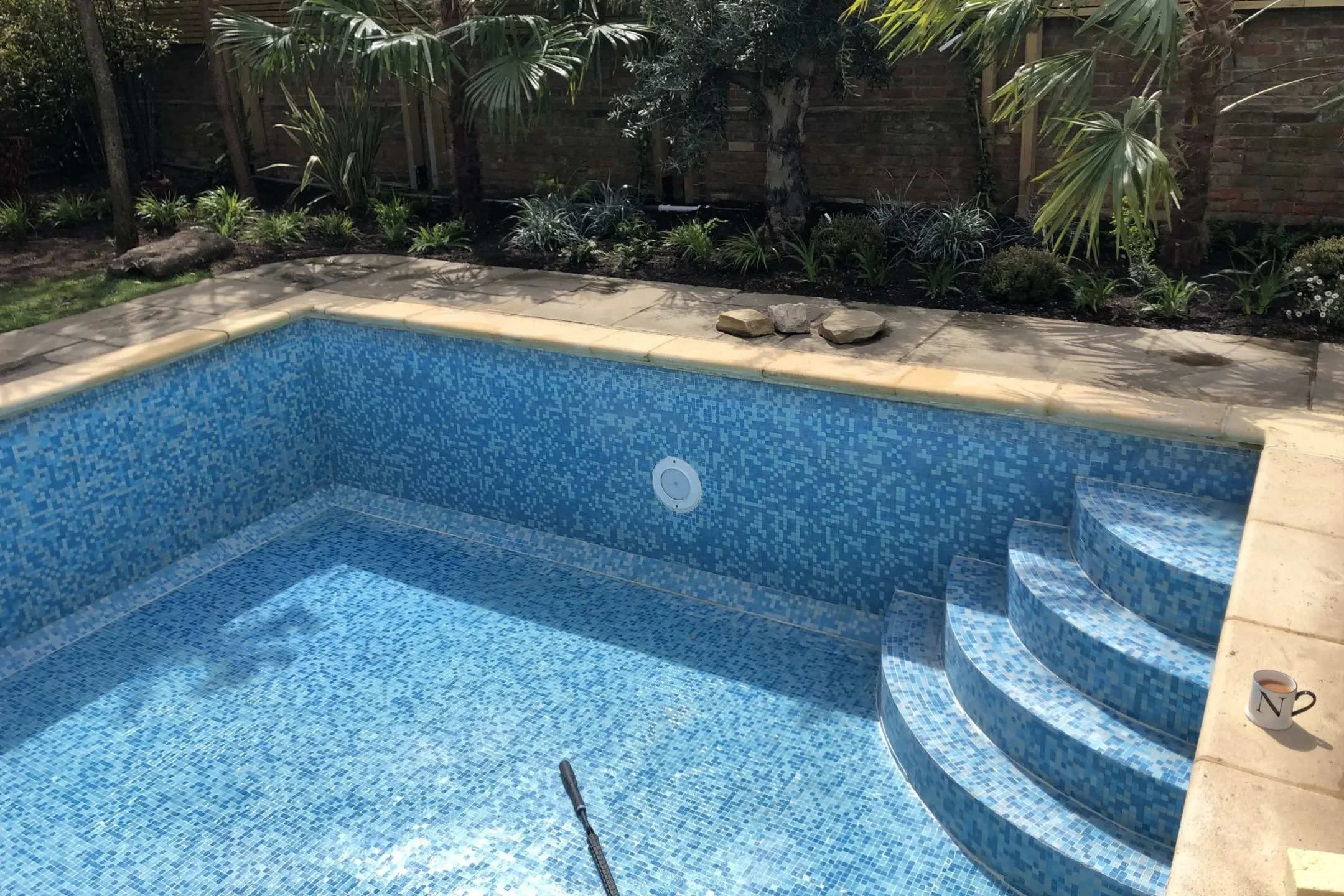 a pool with steps and palm trees